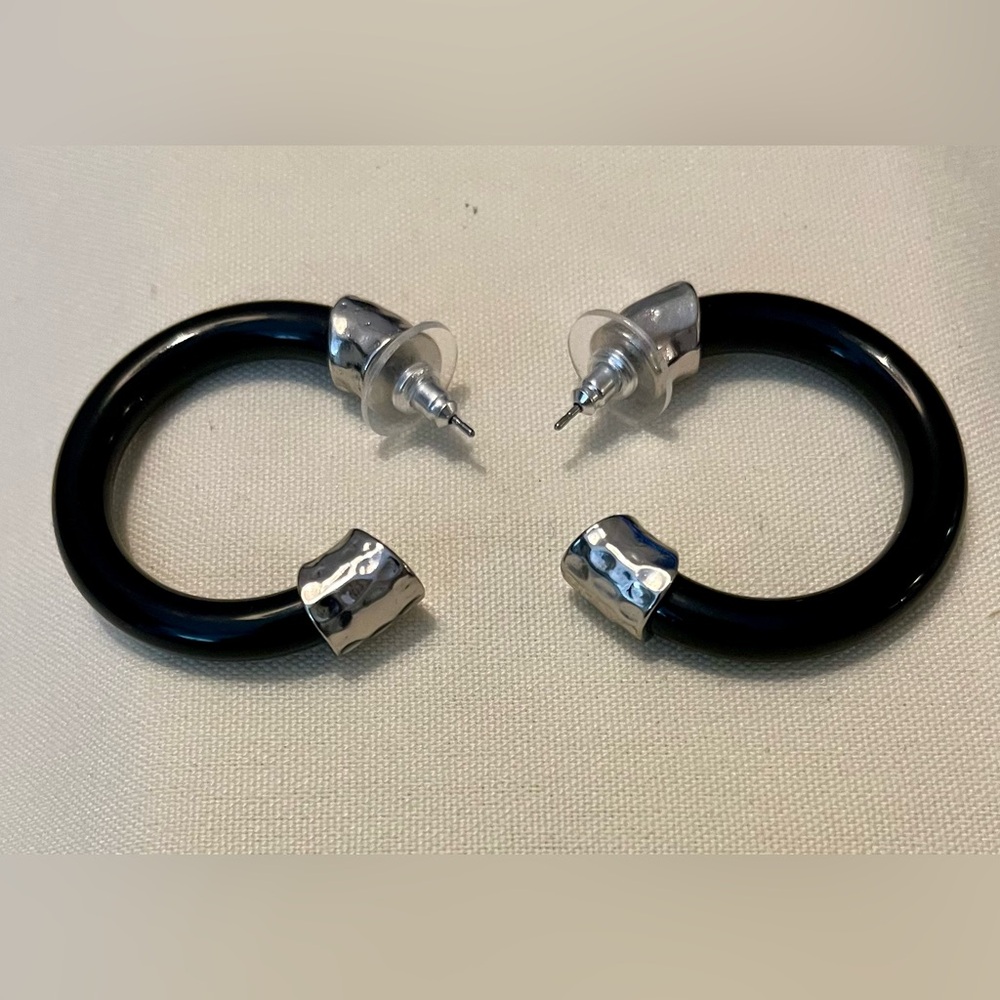 Black and Silver Hoop Earrings - Picture 11 of 16